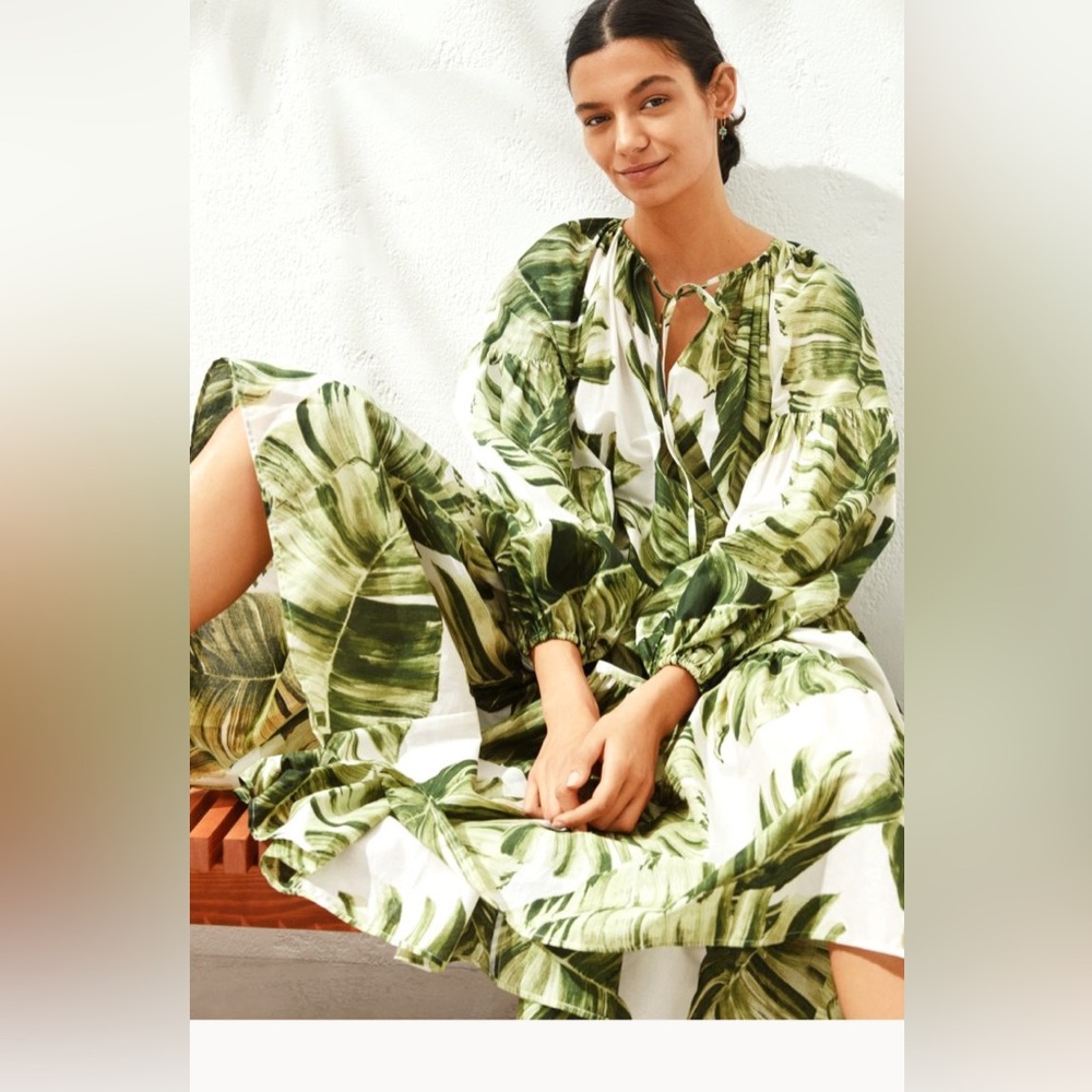 H&M green and white botanical palm print balloon sleeve maxi dress - Picture 2 of 8